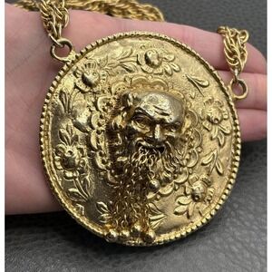 HUGE VTG Pauline Rader Bacchus Face Heavy Runway Couture Necklace Chain 27"